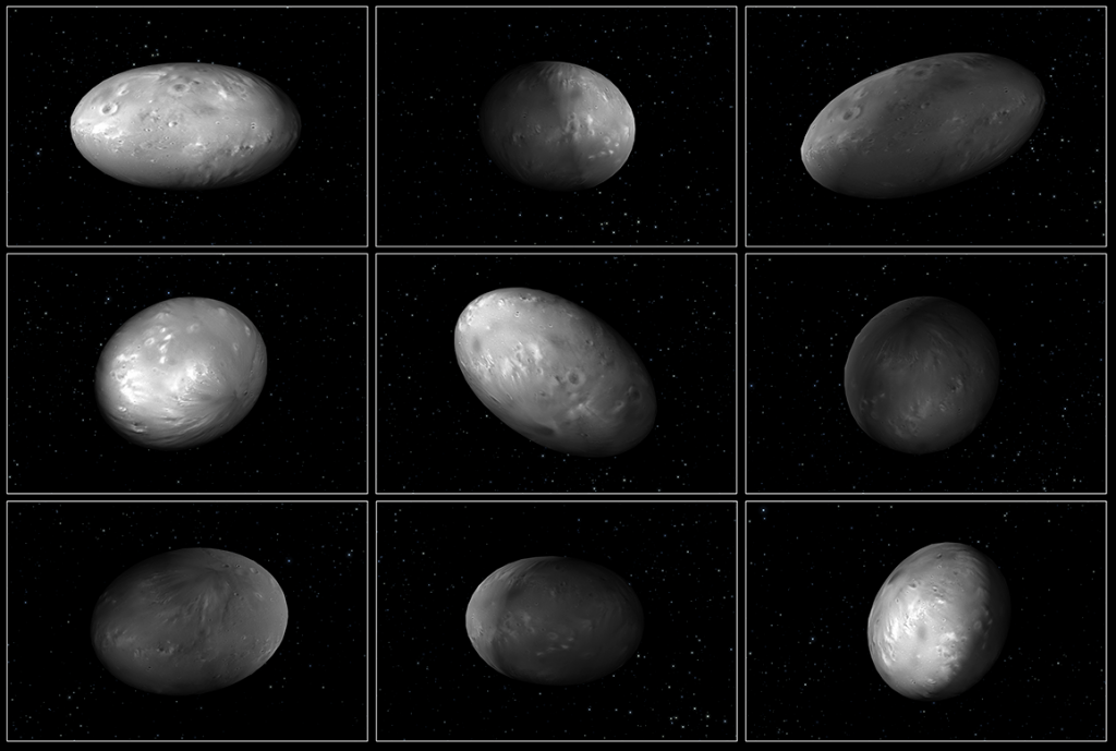 This set of computer modeling illustrations of Pluto’s moon Nix shows how the orientation of the moon changes unpredictably as it orbits the “double planet” Pluto-Charon.